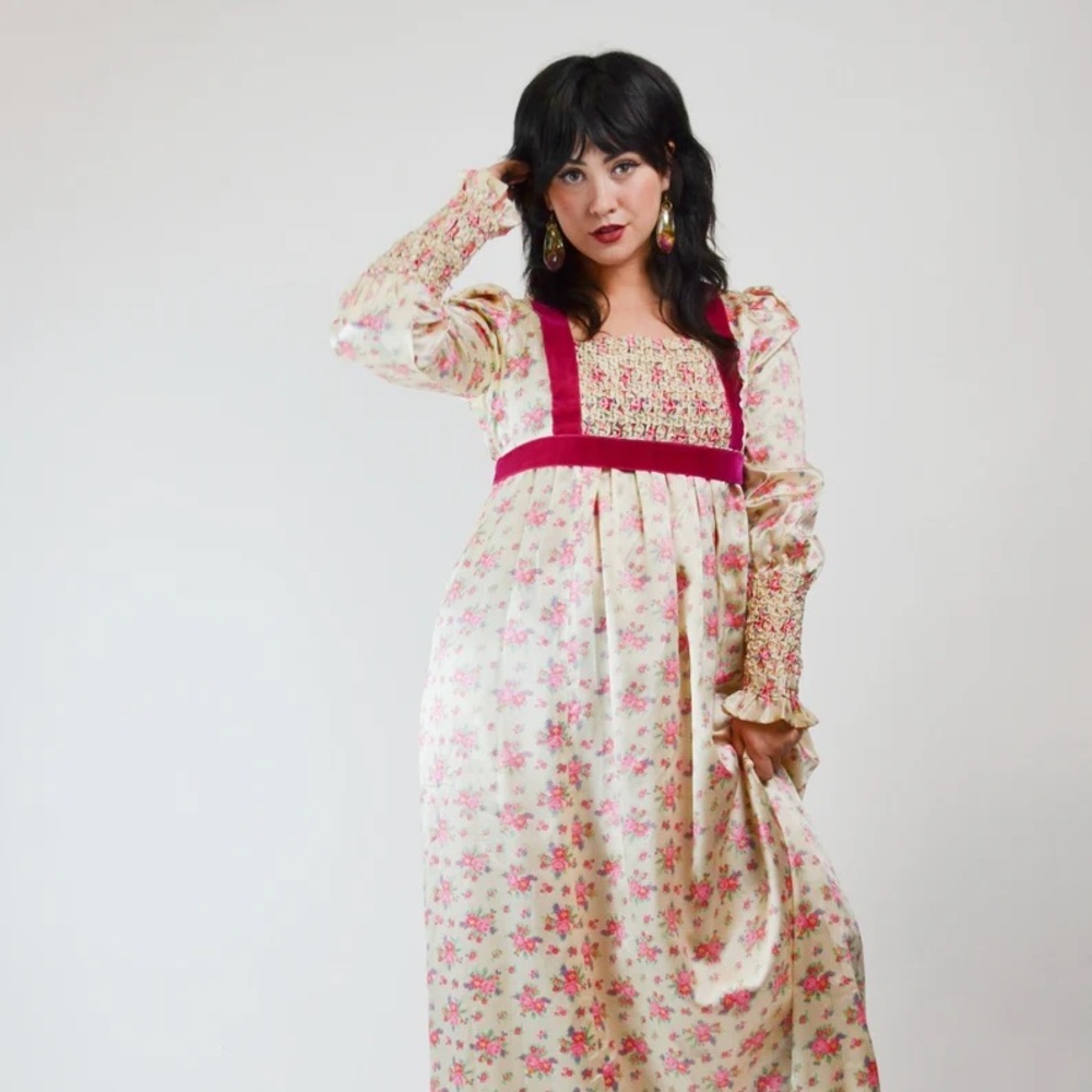1960s satin pink floral hippie vintage maxi dress